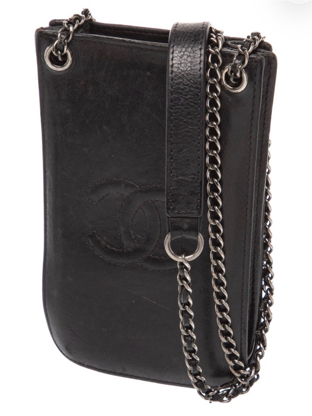 CHANEL Black Lambskin Phone Pouch with Chain Strap